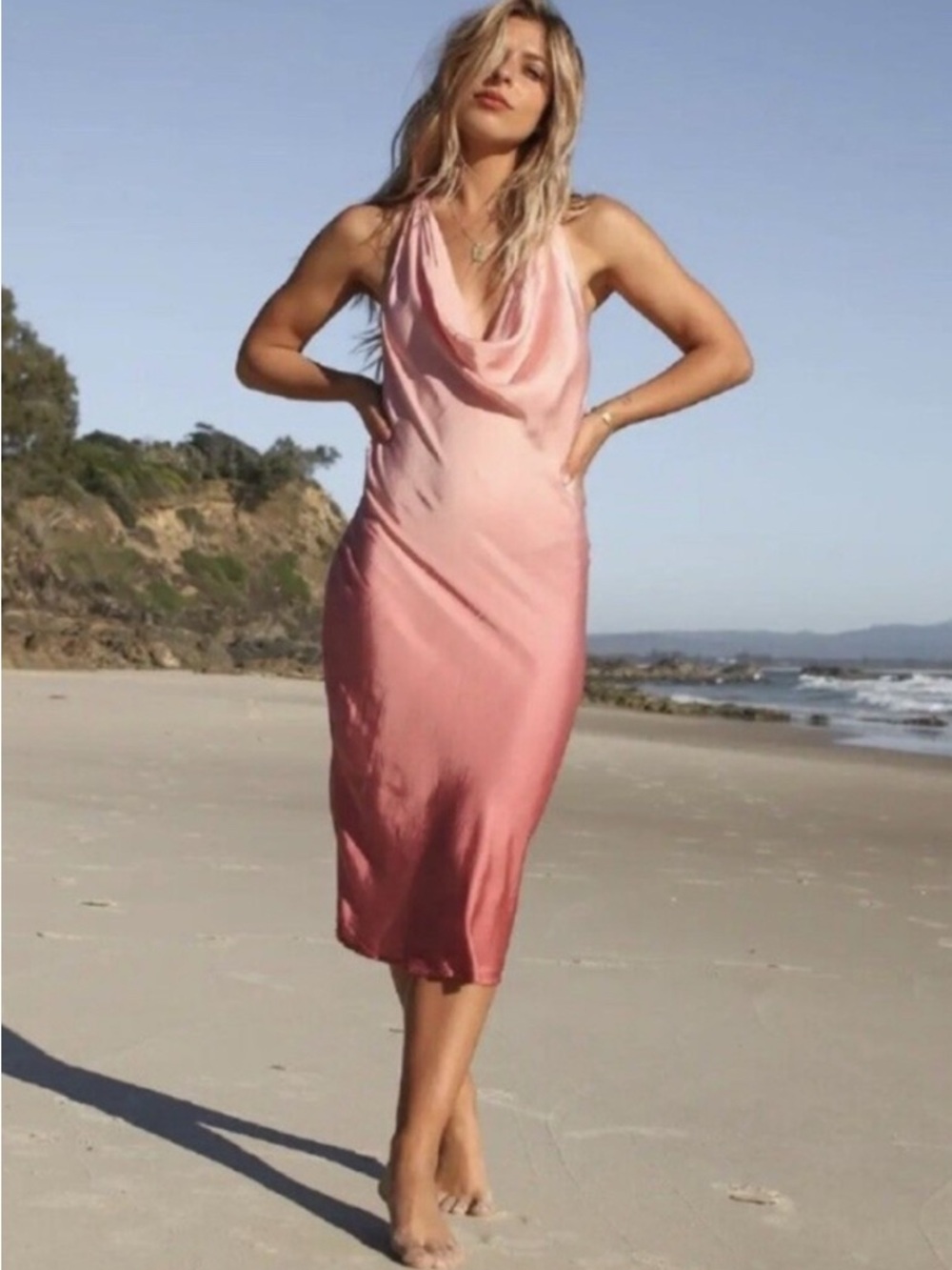NWT Young Fabulous & Broke Pink Satin Cowl Midi Dress